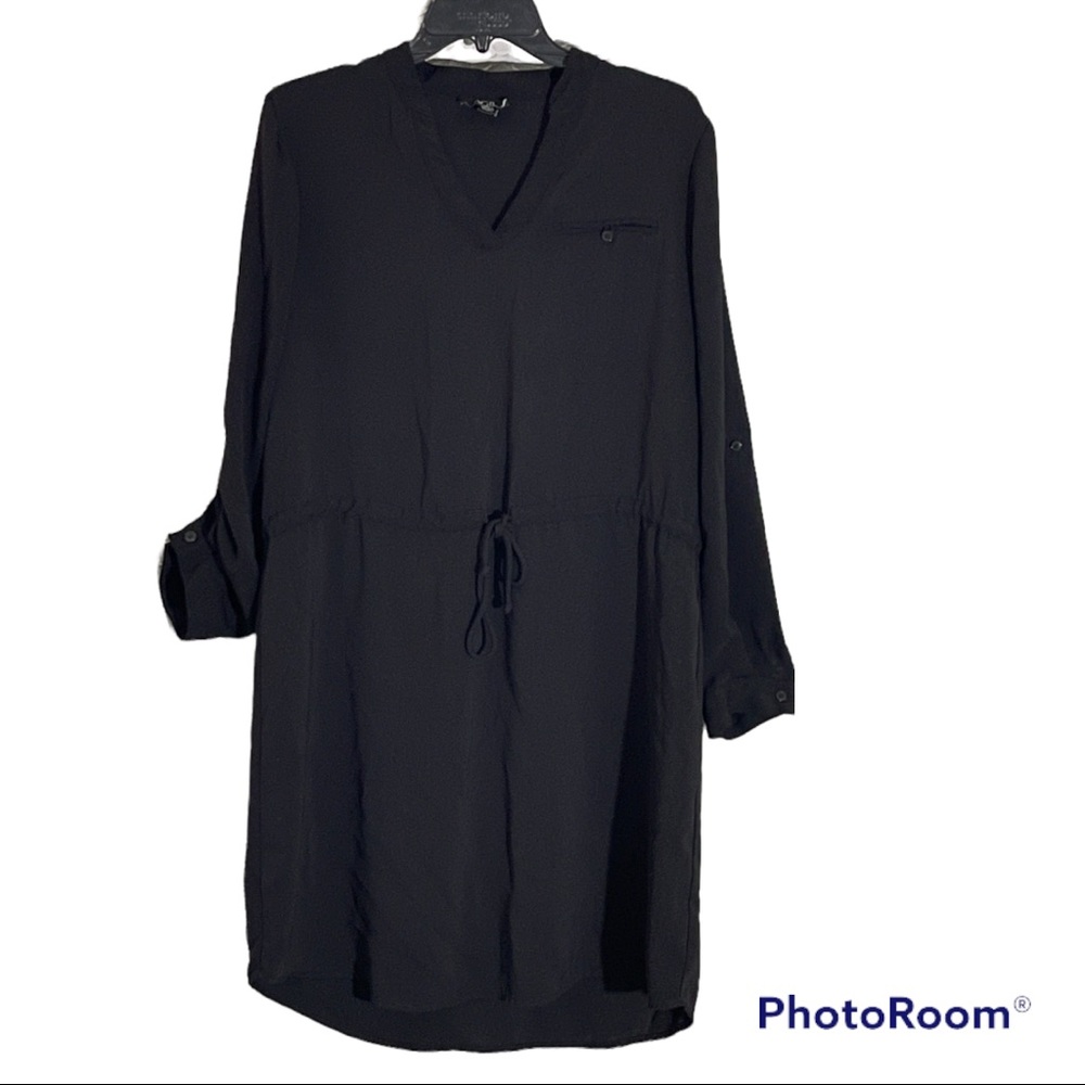 AGB Long Sleeve V Neck Drawstring High Low Black Dress - Picture 1 of 7